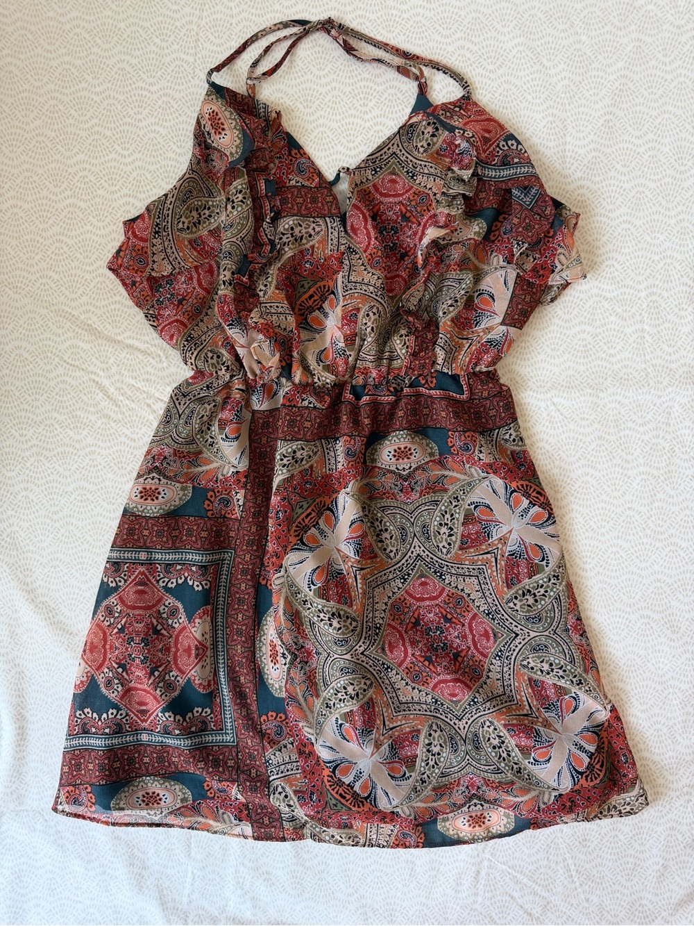 BCBGeneration Red and Green Paisley Halter Dress BOHO